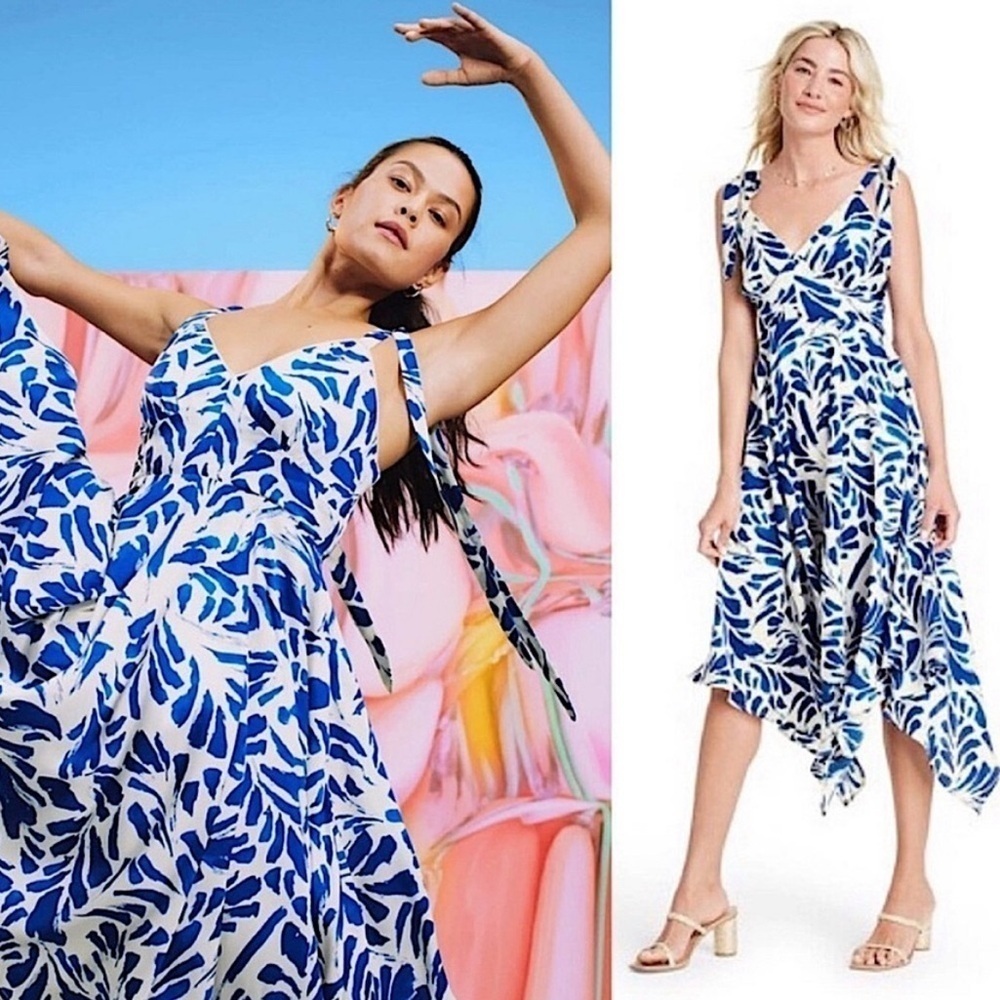 Alexis for Target blue botanical tie strap asymmetrical midi dress blue white